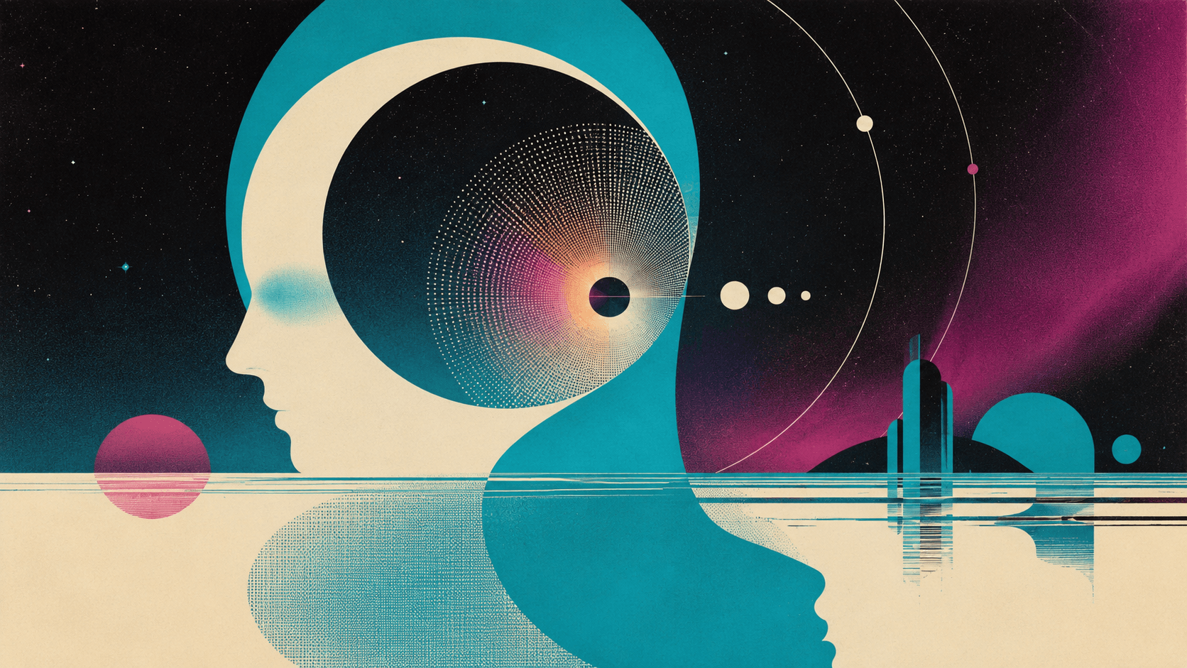 A retro-futurist illustration of two profiles, an orbit, and a distant city.